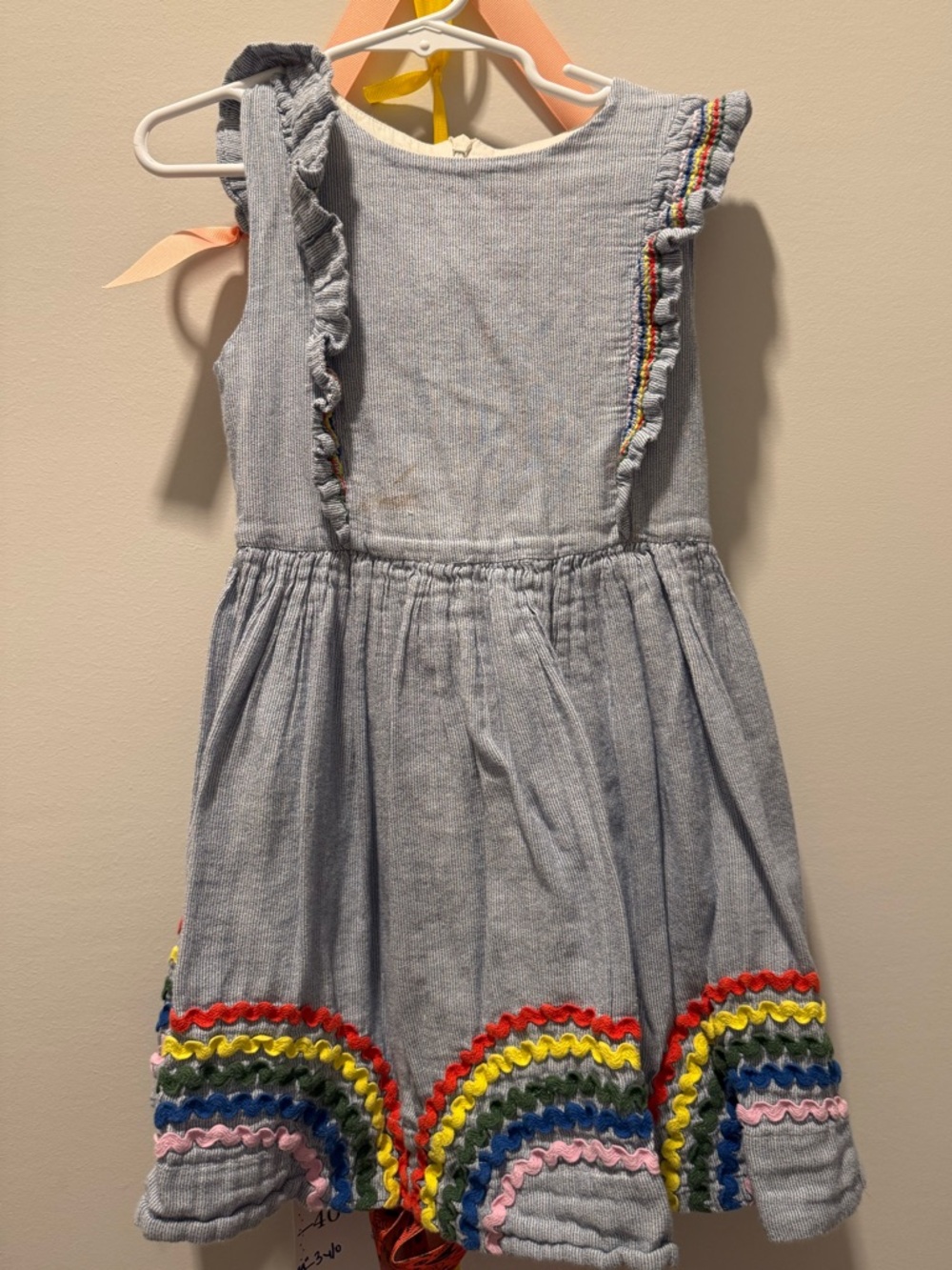 Mini Boden 5/6 Girls Light Blue Tiered Dress with Rainbow Trim